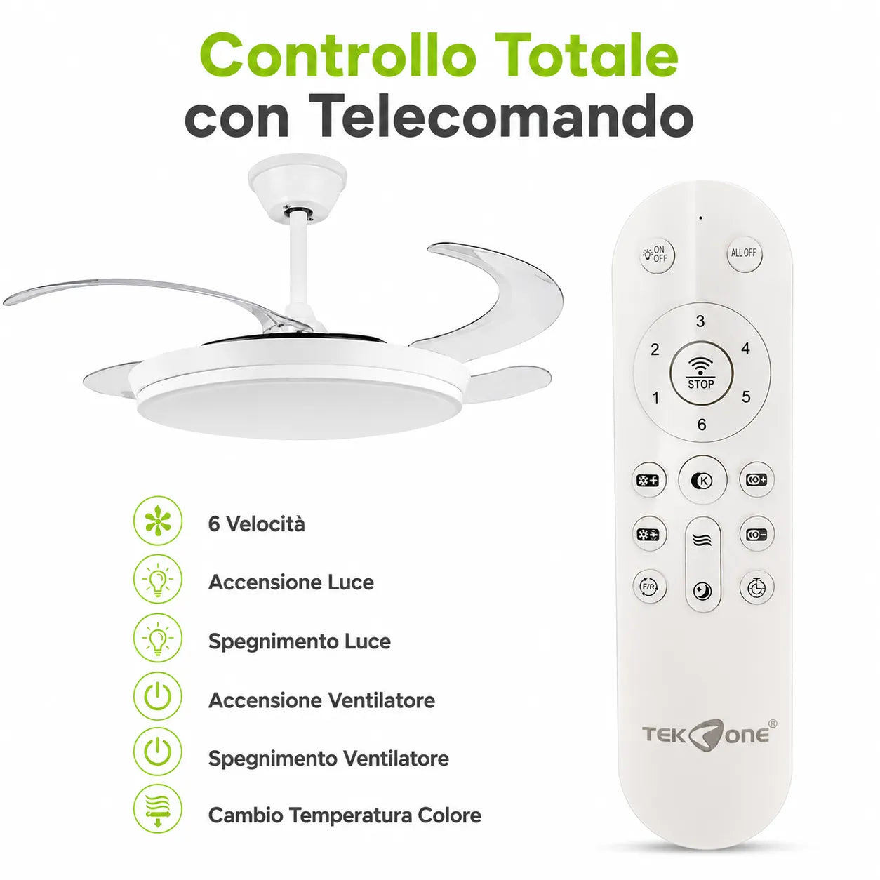 Tekone Lampadario LED con Ventilatore Retrattile 36W e Telecomando