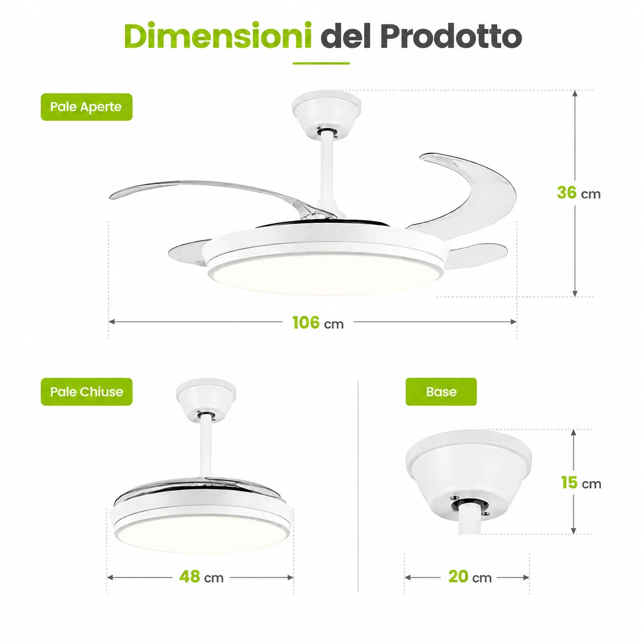 Tekone Lampadario LED con Ventilatore Retrattile 36W e Telecomando
