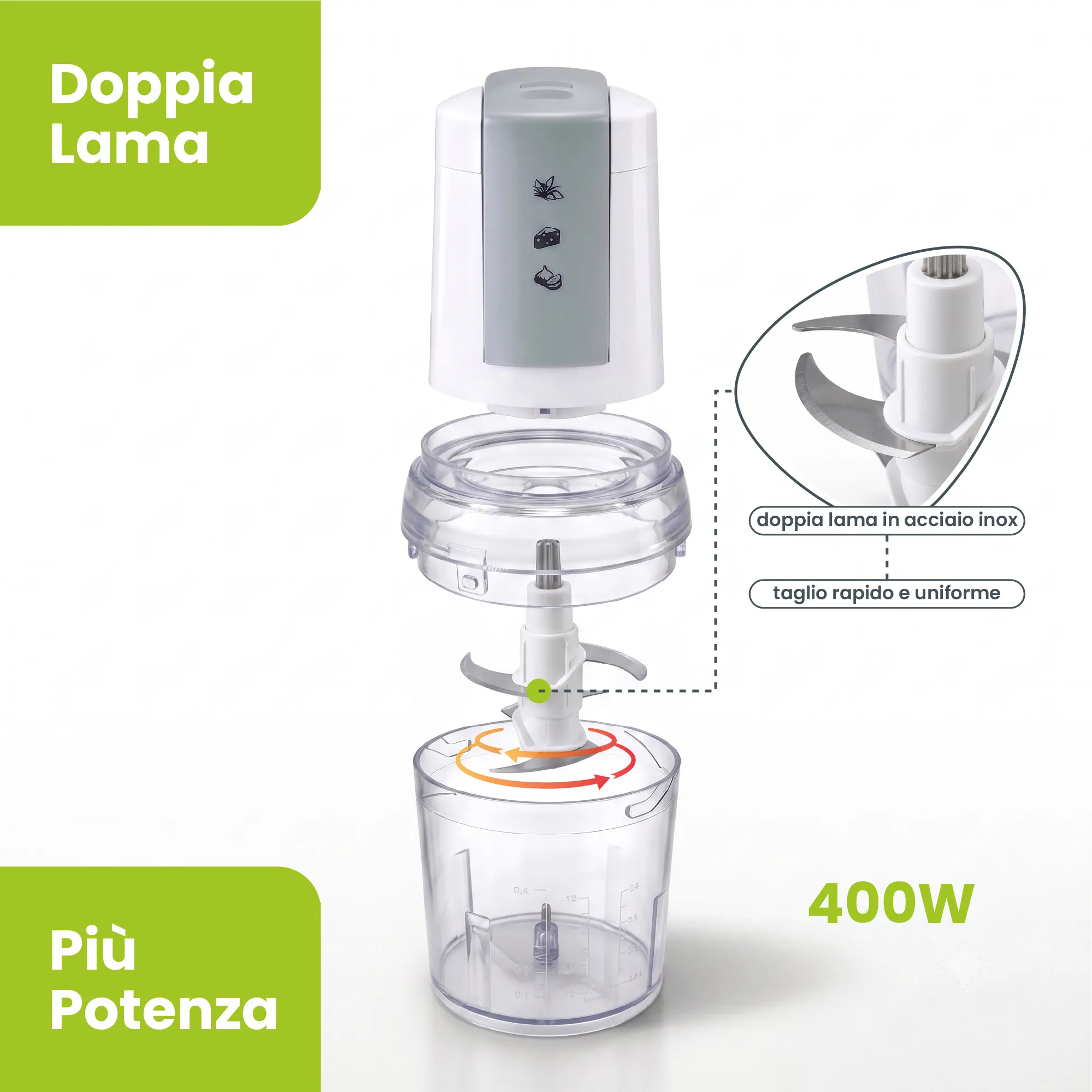 TekOne Tritatutto Elettrico 500ml 400W con Doppia Lama e 2 Velocità