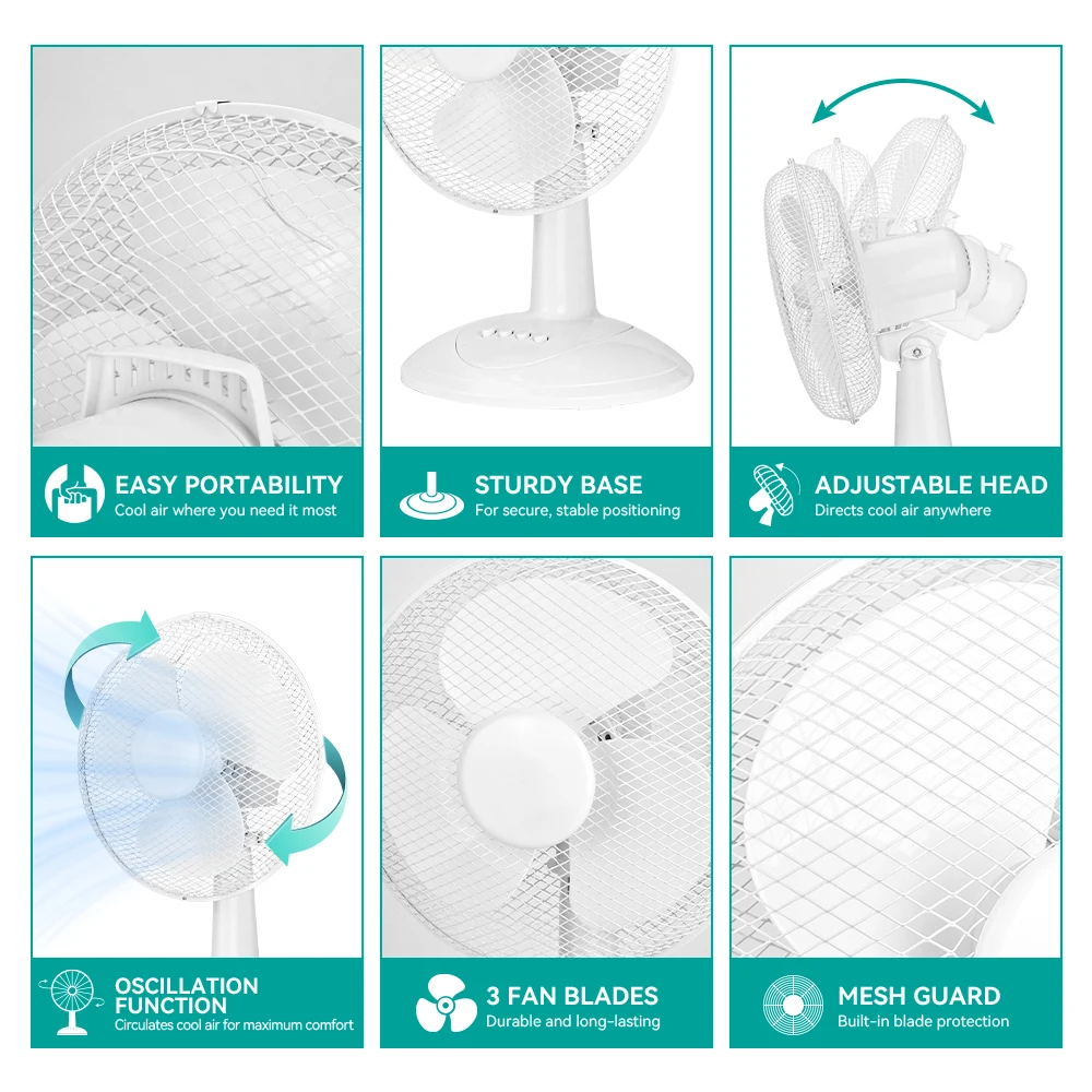 TekOne Ventilatore da Tavolo 40cm con Motore CCA, 3 Velocità e Rete Protettiva – 45W