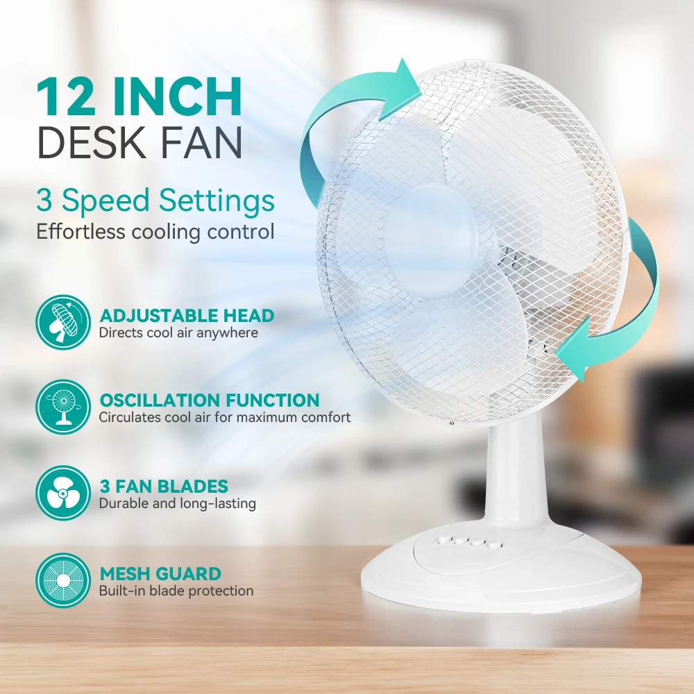 TekOne Ventilatore da Tavolo 40cm con Motore CCA, 3 Velocità e Rete Protettiva – 45W