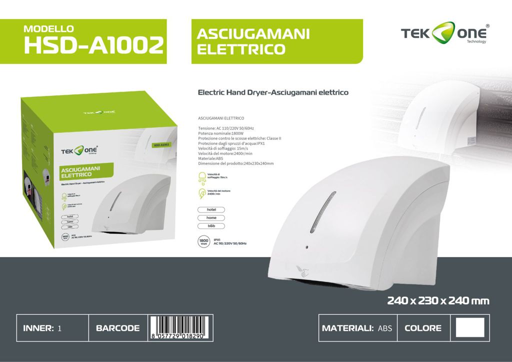 Tekone Asciugamani Elettrico Automatico a Parete 1800W con Sensore PIR